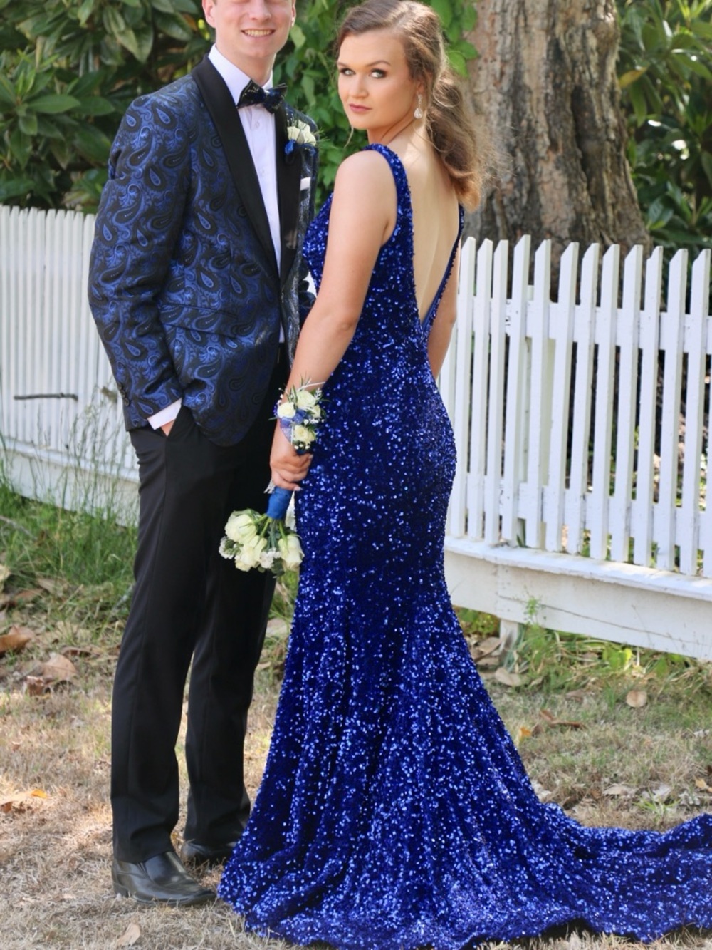 Sherri Hill Royal Blue Sequin on Velvet Prom Formal Dress - Picture 5 of 8